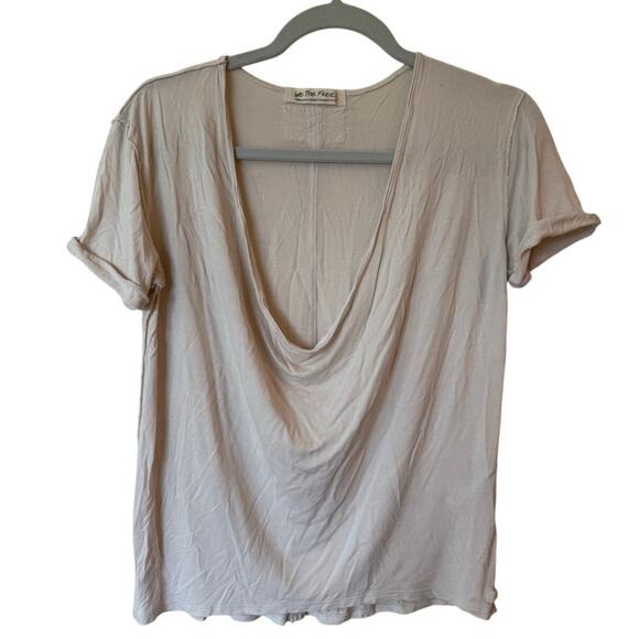 We The Free People Short Sleeve Drape Neckline T-Shirt Cream Women's Size Small - Picture 1 of 8